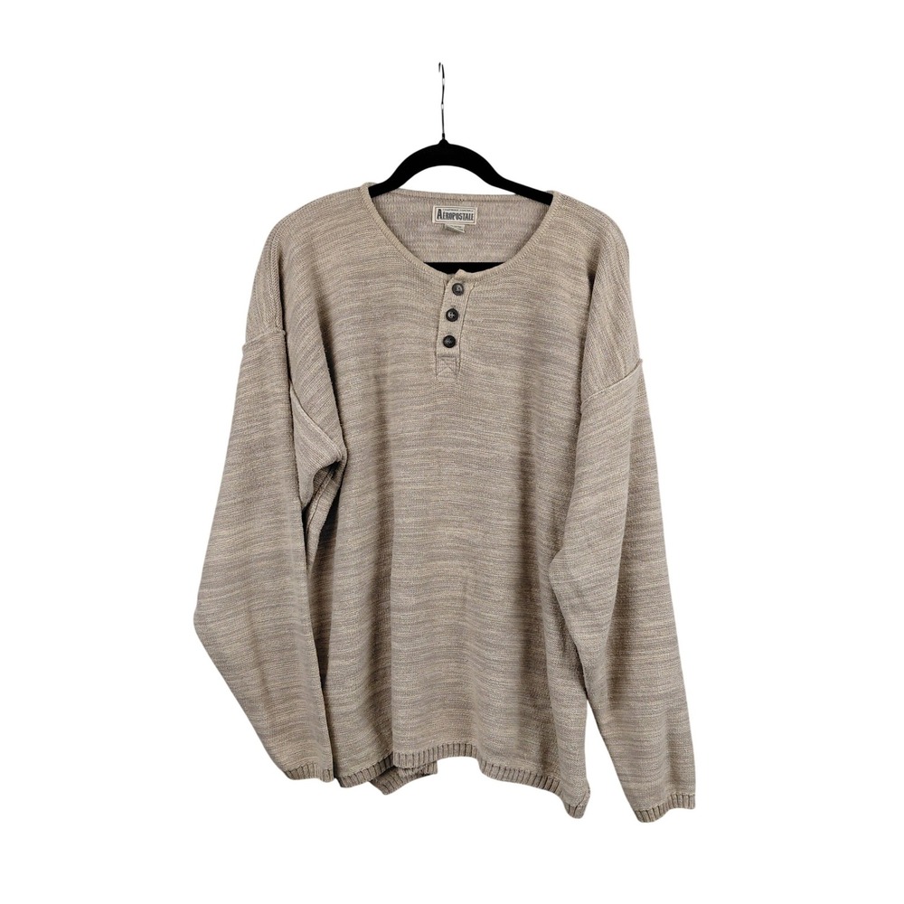 Aeropostale Mens Tan Striped Henley Sweater Knit Cotton Long‎ Sleeve Size M